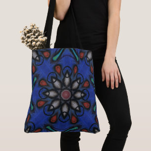 Tote Bag Mandala kaléidoscope bleu avec accents rouges et g