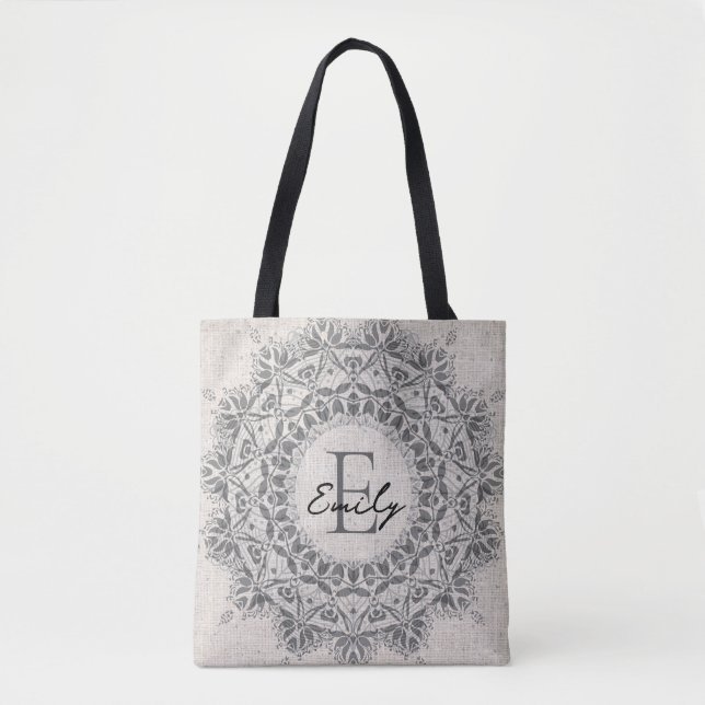 Tote Bag Mandala Nom personnalisé Monogramme Monochrome gri (Devant)