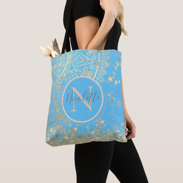 Tote Bag Mandala personnalisé avec Monogramme Gold Stars (De près)