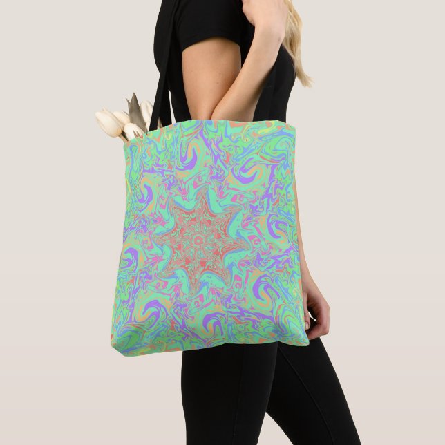Tote Bag Mandala unique et dynamique aux couleurs pastel (De près)