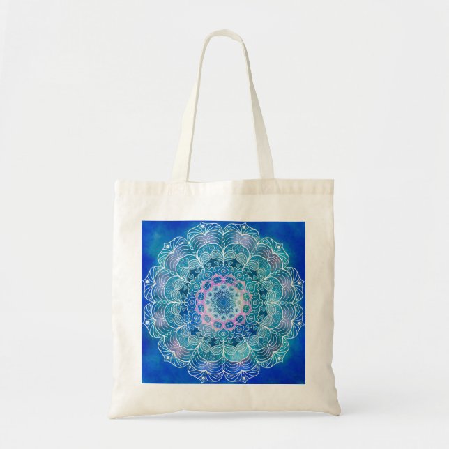 Tote Bag Mandala White Outline bleu Aquarelle - (Devant)