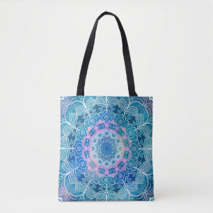 Tote Bag Mandala White Outline bleu Aquarelle -
