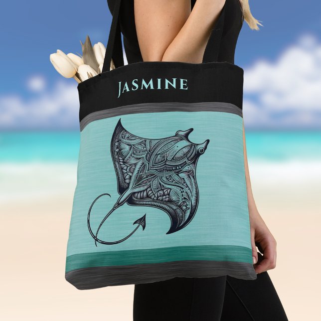 Tote Bag Manta Ray on Teal Faux Brushed Metal Monogrammed (Créateur téléchargé)