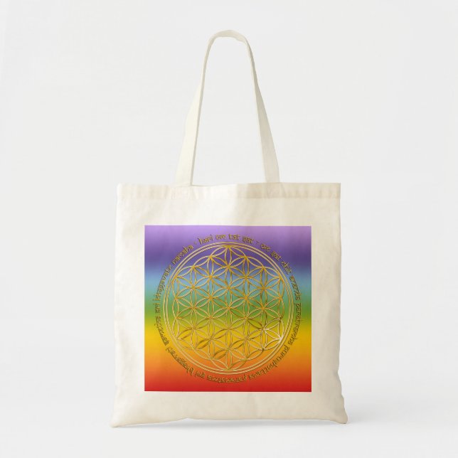 Tote Bag Mantra Moola / Fleur de Vie / couleur des chakras (Devant)