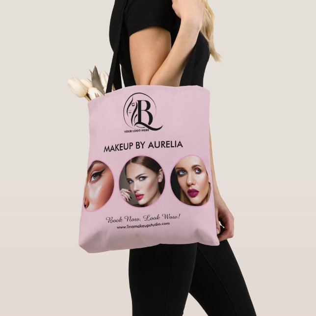 Tote Bag Maquillage photo Logo Script Rose Pâle (De près)