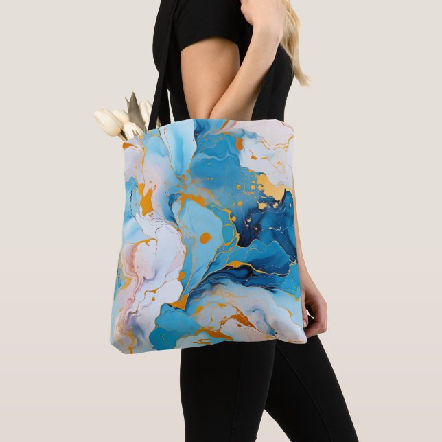 Tote Bag Marbre Azur avec Éclaboussures Dorées (De près)