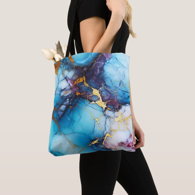 Tote Bag Marbre Azur et Améthyste avec Veines Dorées (De près)