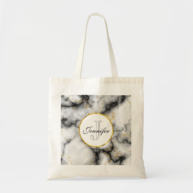 Tote Bag Marbre blanc moderne avec Monogramme de ruban or (Devant)