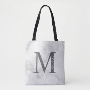 Tote Bag Marbre Blanc Monogramme et Nom Personnalisés