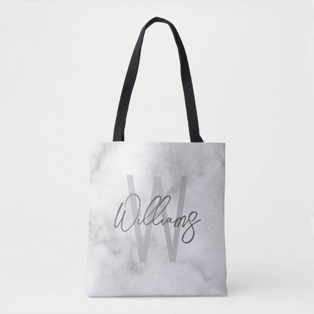Tote Bag Marbre blanc Script Monogramme personnalisé et nom (Devant)