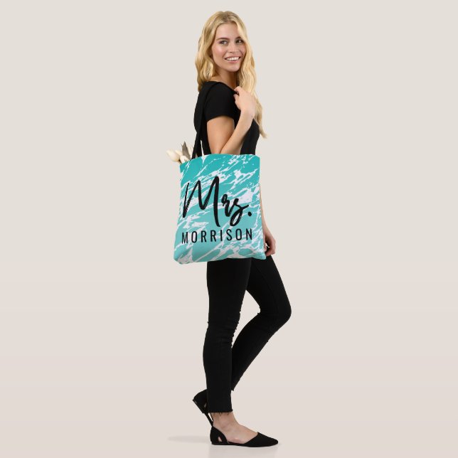 Tote Bag Marbre blanc turquoise abstrait moderne de Seafoam (Sur le modèle)