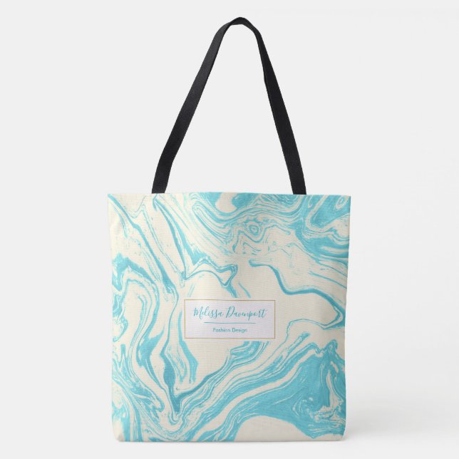 Tote Bag Marbre cool design en Turquoise et Crème (Devant)