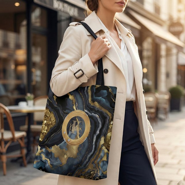 Tote Bag Marbre d'agate bleu marine et or Monogramme de lux (Créateur téléchargé)