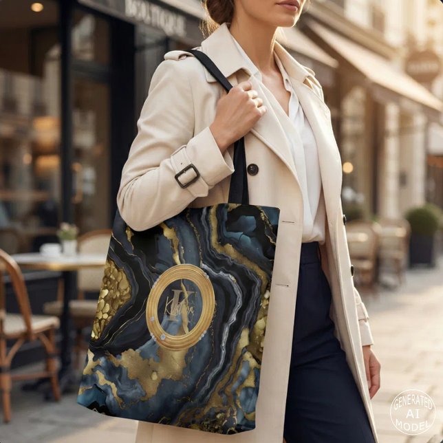 Tote Bag Marbre d'agate bleu marine et or Monogramme de lux (Créateur téléchargé)