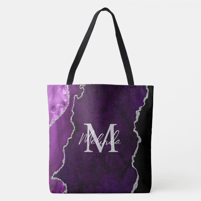 Tote Bag Marbre d'agate violet et argent (Devant)