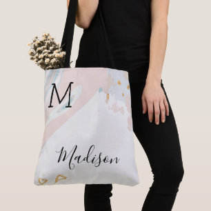 Tote Bag Marbre de corail bleu Trendy Nom initial Monogramm