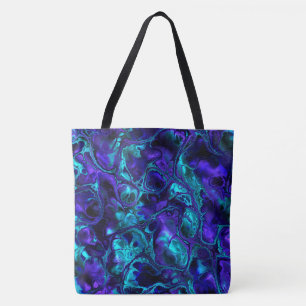 Tote Bag Marbre Fractal Monochrome Bleu Vibrant Bohème Groo
