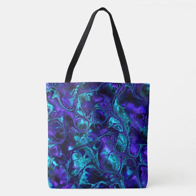 Tote Bag Marbre Fractal Monochrome Bleu Vibrant Bohème Groo (Devant)