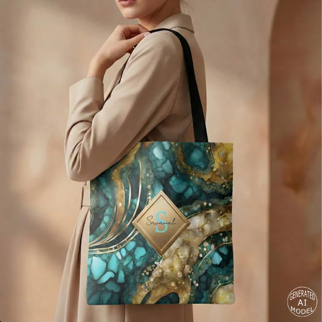 Tote Bag Marbre géode agate or bleu sarcelle monogramme nom (Créateur téléchargé)