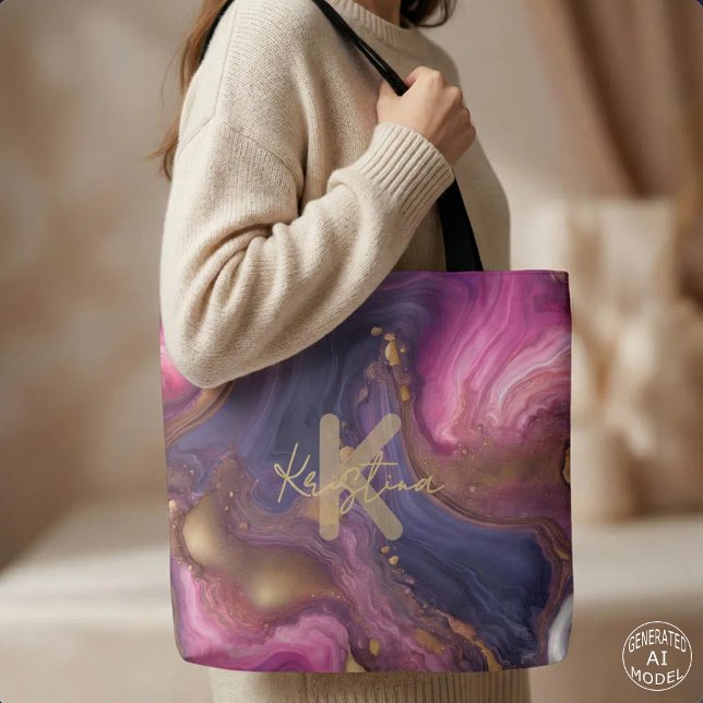 Tote Bag Marbre Liquide Agate Violet Rose Doré Élégant (Créateur téléchargé)