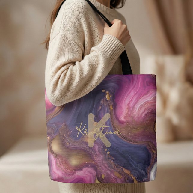Tote Bag Marbre Liquide Violet Rose Doré Élégant Agate (Créateur téléchargé)
