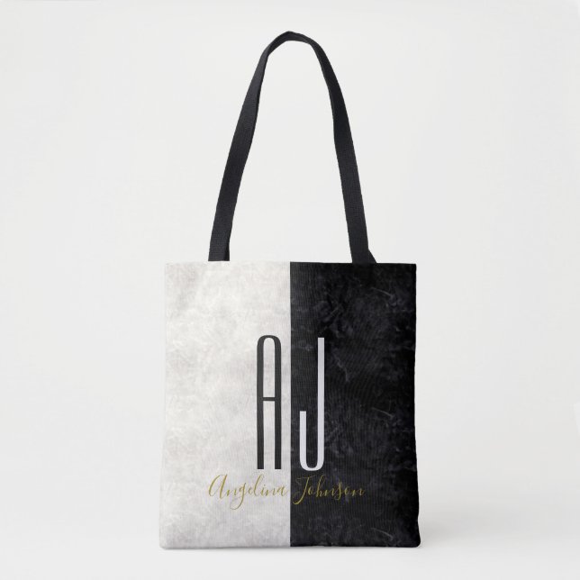 Tote Bag Marbre moderne élégant Monogramme noir et blanc (Devant)