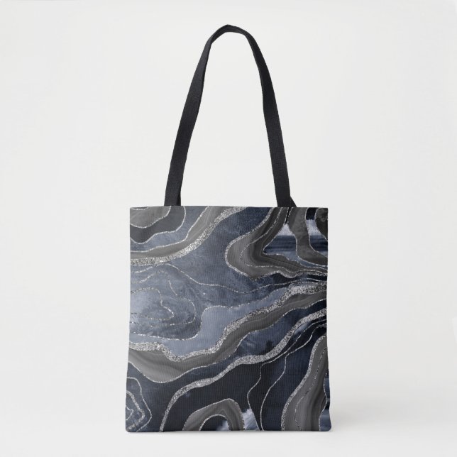 Tote Bag Marbre noir bleu marine Agate Parties scintillant  (Devant)