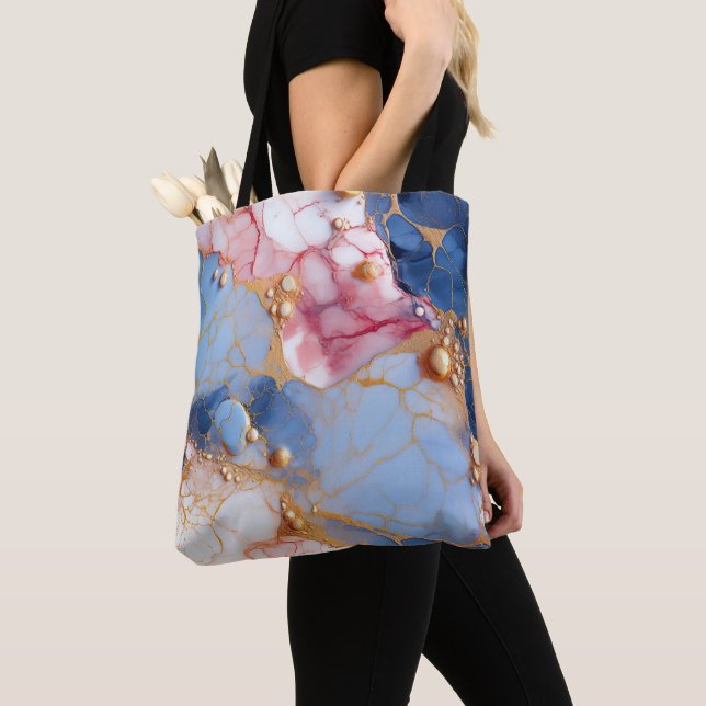 Tote Bag Marbre Rose et Saphir avec Perles Dorées (De près)
