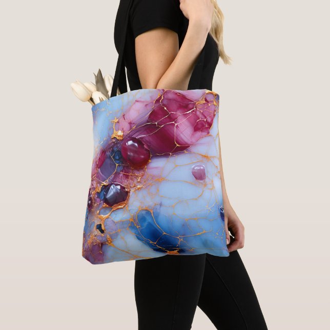 Tote Bag Marbre Rose et Saphir avec Veines Dorées (De près)