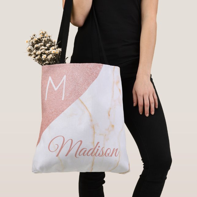 Tote Bag Marbre Rose Pailleté Monogramme Initial Tendance N (De près)
