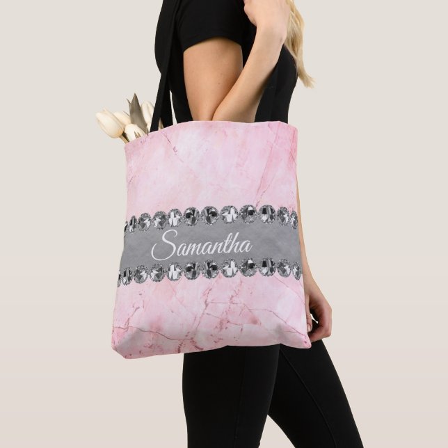 Tote Bag Marbre rose Silver Diamond Bling Personnalisé (De près)