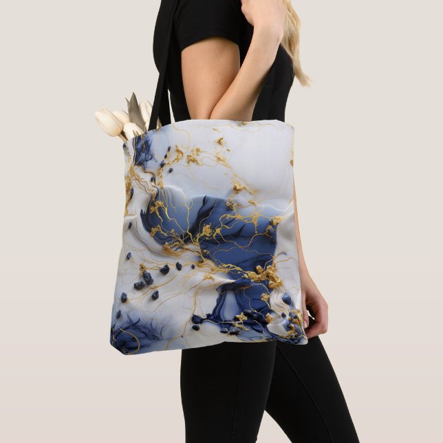Tote Bag Marbre Saphir de Minuit avec Fils d'Or (De près)