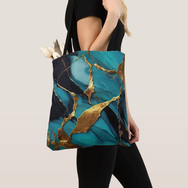 Tote Bag Marbre sarcelle profond avec veines d'or audacieus (De près)