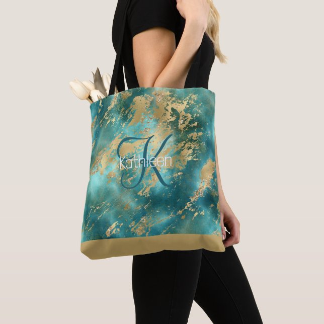 Tote Bag Marbre Vert Turquoise Initiale Nom Monogramme (De près)