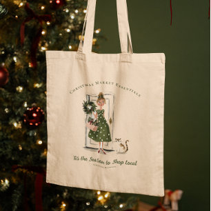 Tote Bag Marché de Noël Vintage Lady avec Chat Monogramme