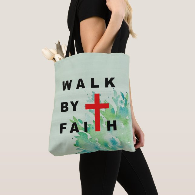 Tote Bag Marche par la foi Croix chrétienne Bible Cote (De près)