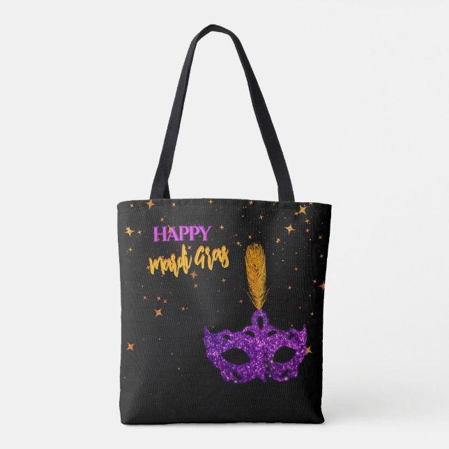 Tote Bag Mardi Gras de masques à étincelles violet et orang (Dos)