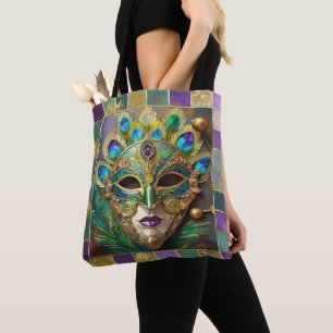 Tote Bag Mardi Gras Gold Ceramic Peacock Feature Masque