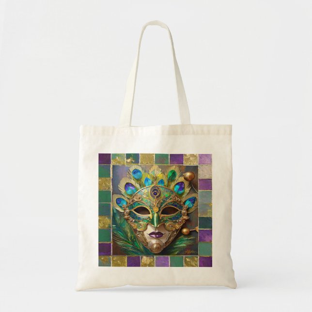 Tote Bag Mardi Gras Gold Ceramic Peacock Feature Masque (Devant)