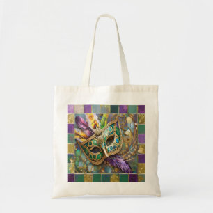Tote Bag Mardi Gras Masque de plumes vert et doré