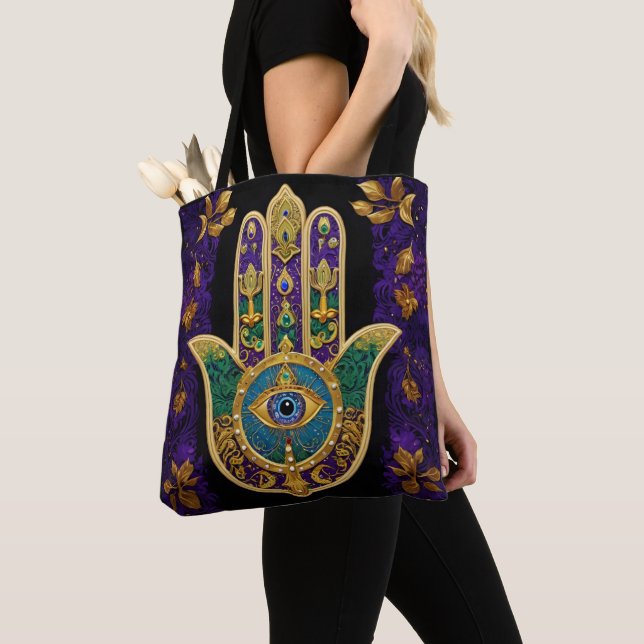 Tote Bag Mardi Gras Or Violet Vert Hamsas Art (De près)