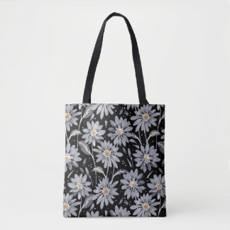 Tote Bag Marguerite gris argent sur le concepteur noir