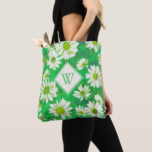 Tote Bag Marguerites blanches sur le motif floral vert