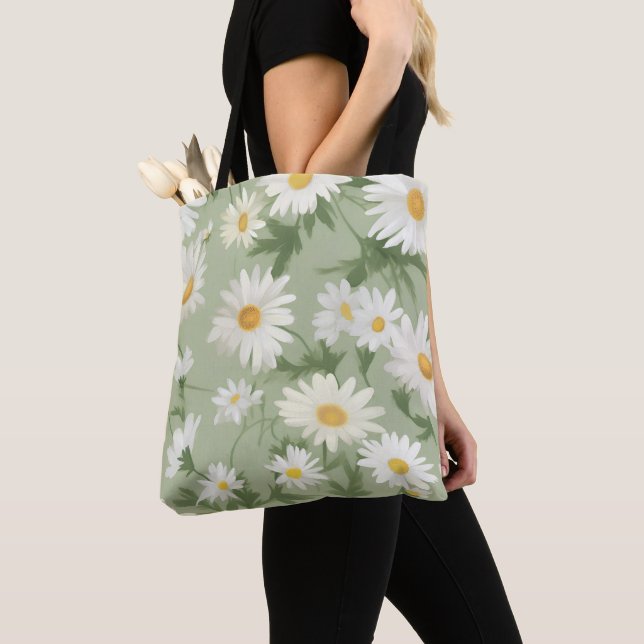 Tote Bag Marguerites blanches sur Sage Green (De près)
