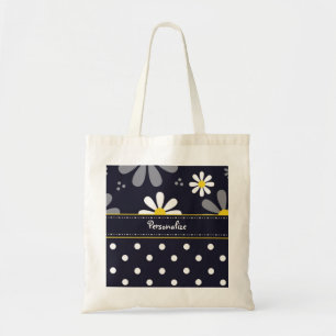 Tote Bag Marguerites Girly et pois de mod avec le nom