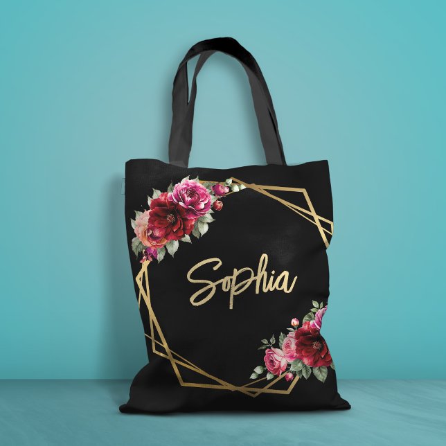 Tote Bag Mariage à fleurs noir rouge chic (Créateur téléchargé)