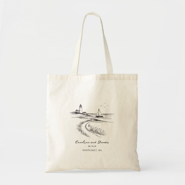 Tote Bag Mariage à la Main sur la Côte en Noir et Blanc (Devant)