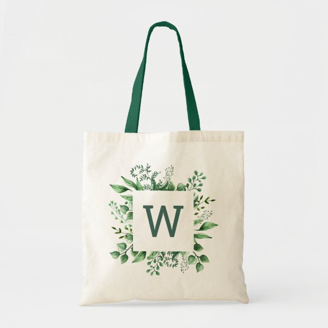 Tote Bag Mariage à l'aquarelle avec verdure. Monogramme for (Devant)