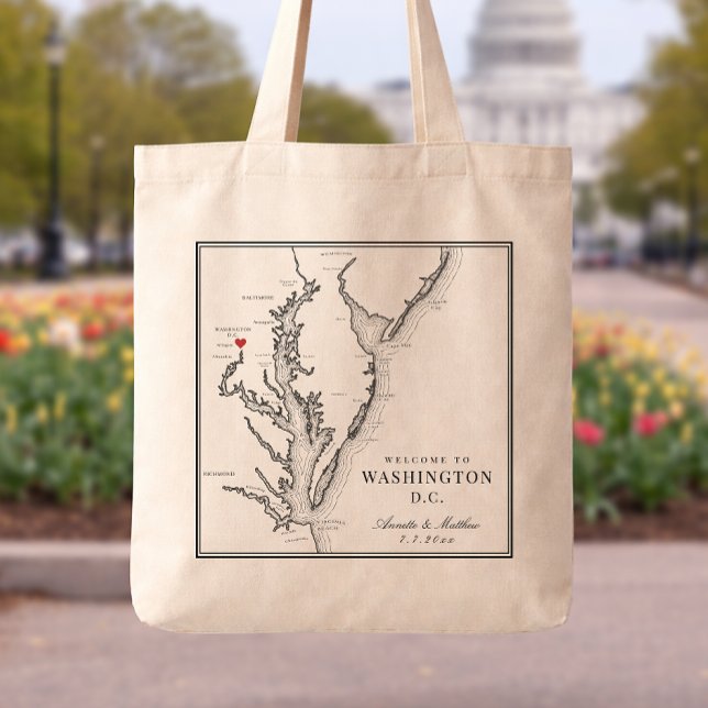 Tote Bag Mariage à Washington DC Accueil Noir et Blanc (Washington DC Wedding Welcome Tote Bag with Black and White Chesapeake Bay Map Wedding Favor )
