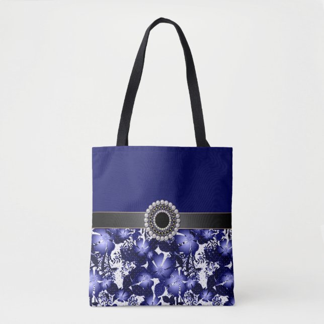 Tote Bag Mariage Anniversaire gris ruban satin perles flora (Devant)